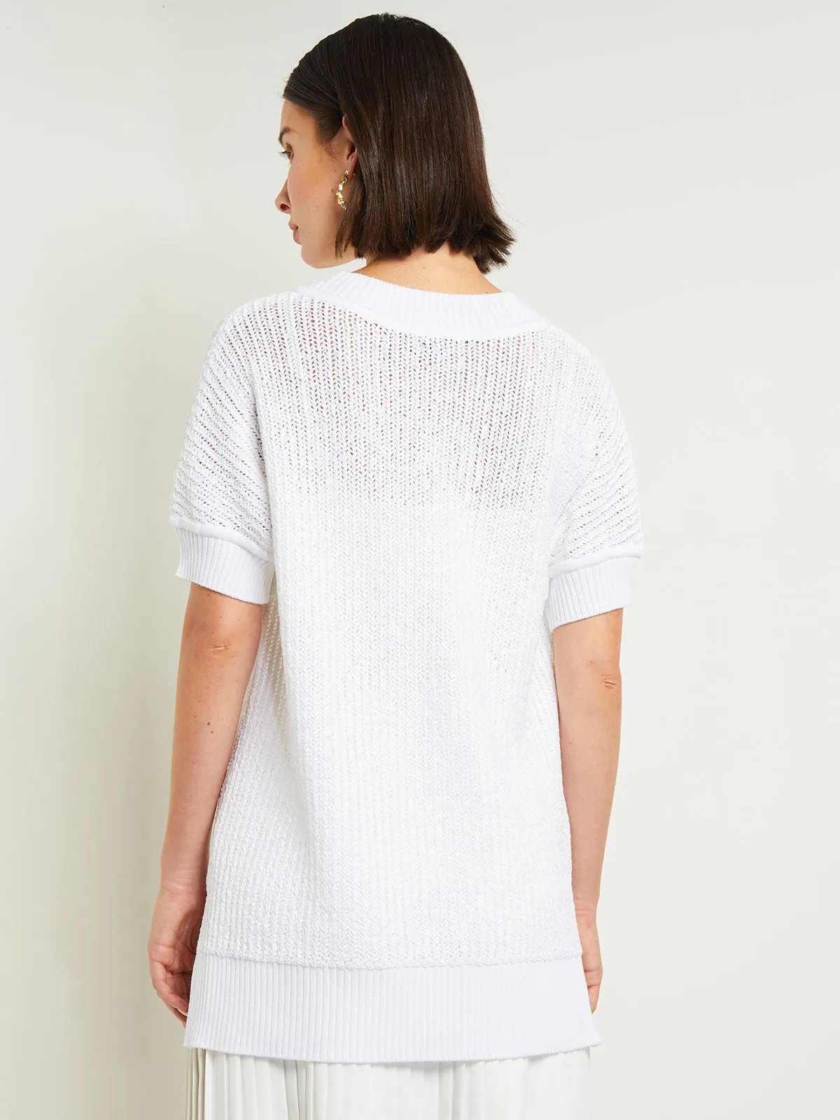 V-Neck Short Sleeve Tunic - Embroidered Crochet Knit