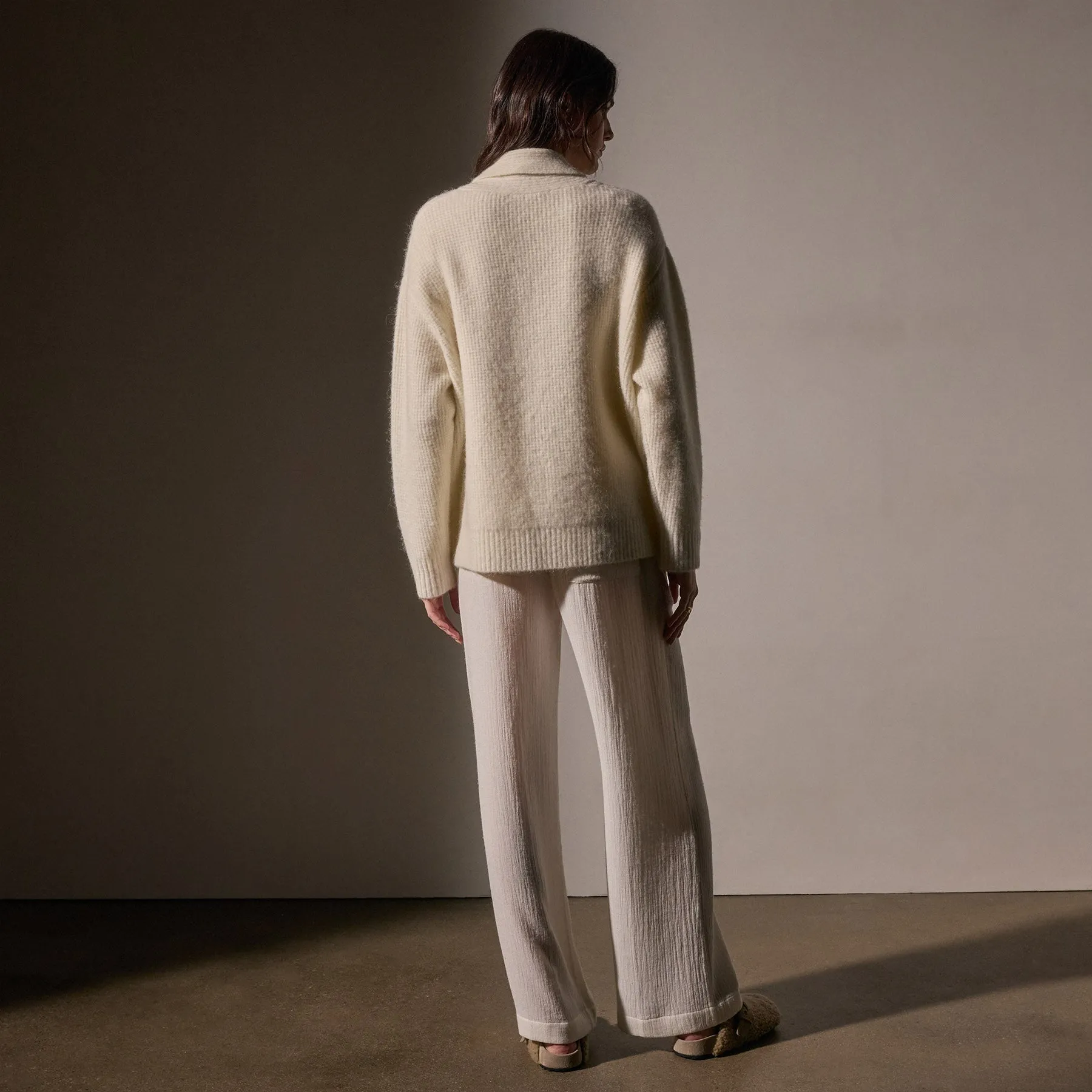 Waffle Knit Shawl Collar Sweater - Ivory