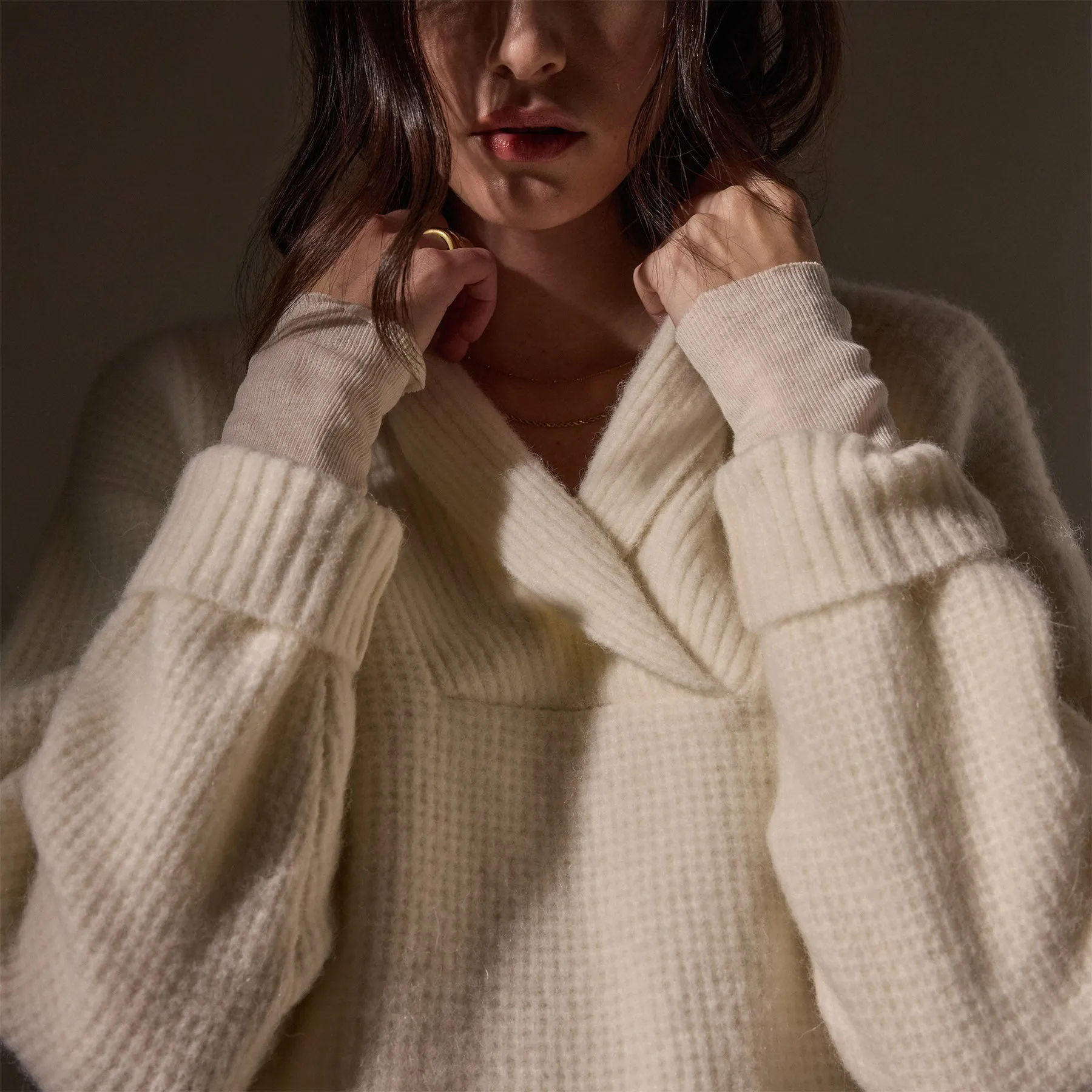 Waffle Knit Shawl Collar Sweater - Ivory