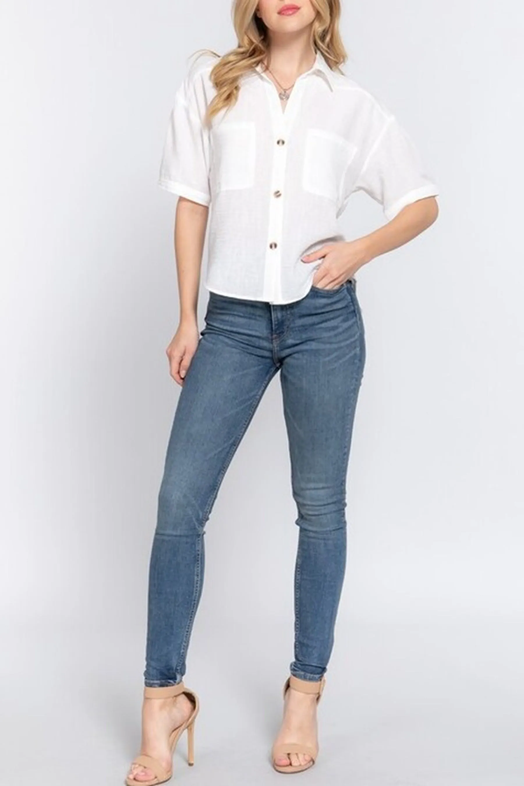 Women's Casual Short Sleeve Button Down Linen Effect Shirt