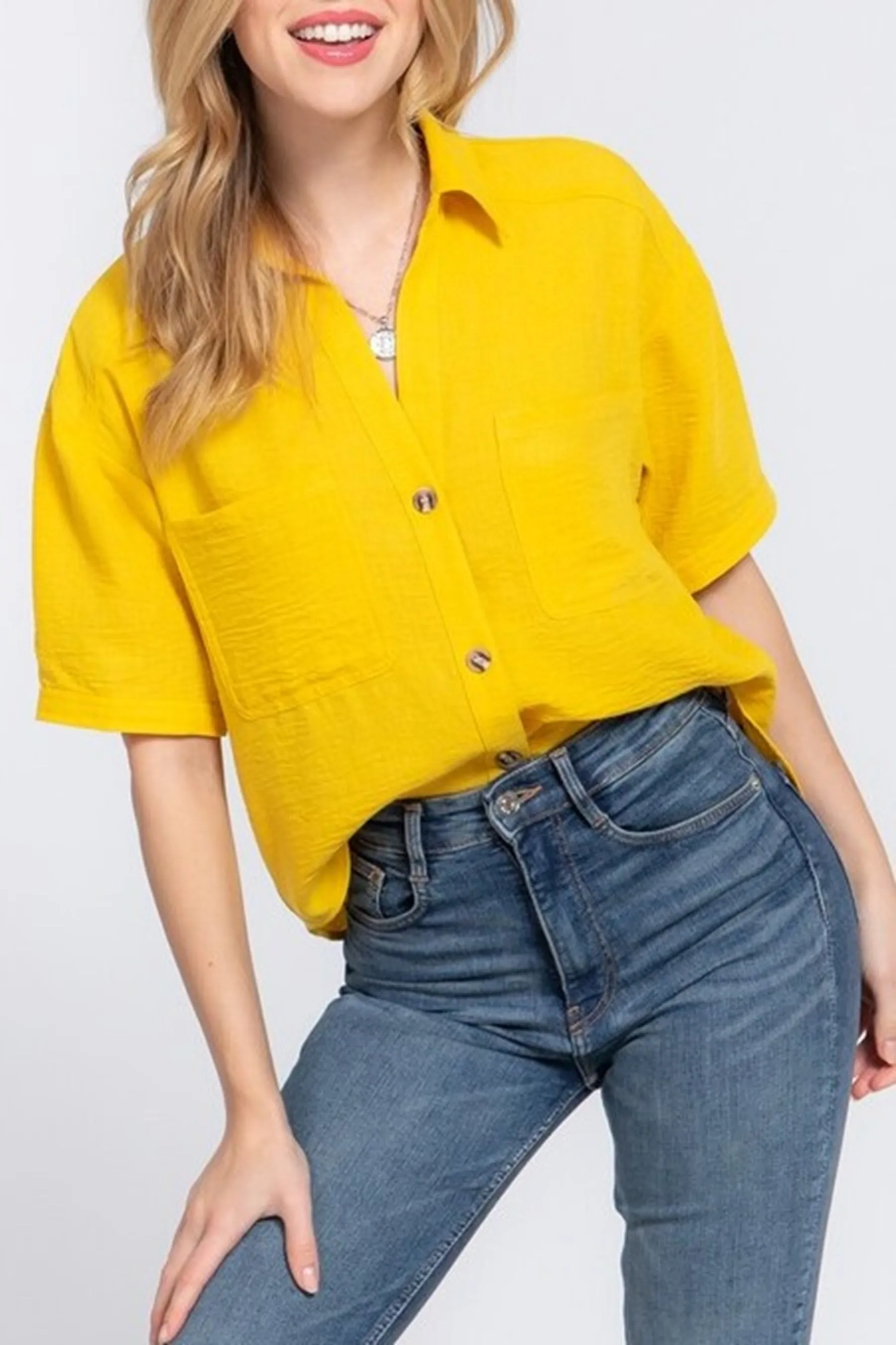 Women's Casual Short Sleeve Button Down Linen Effect Shirt