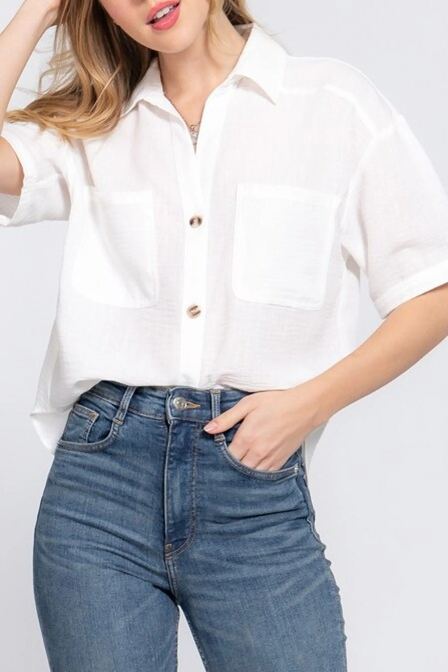 Women's Casual Short Sleeve Button Down Linen Effect Shirt