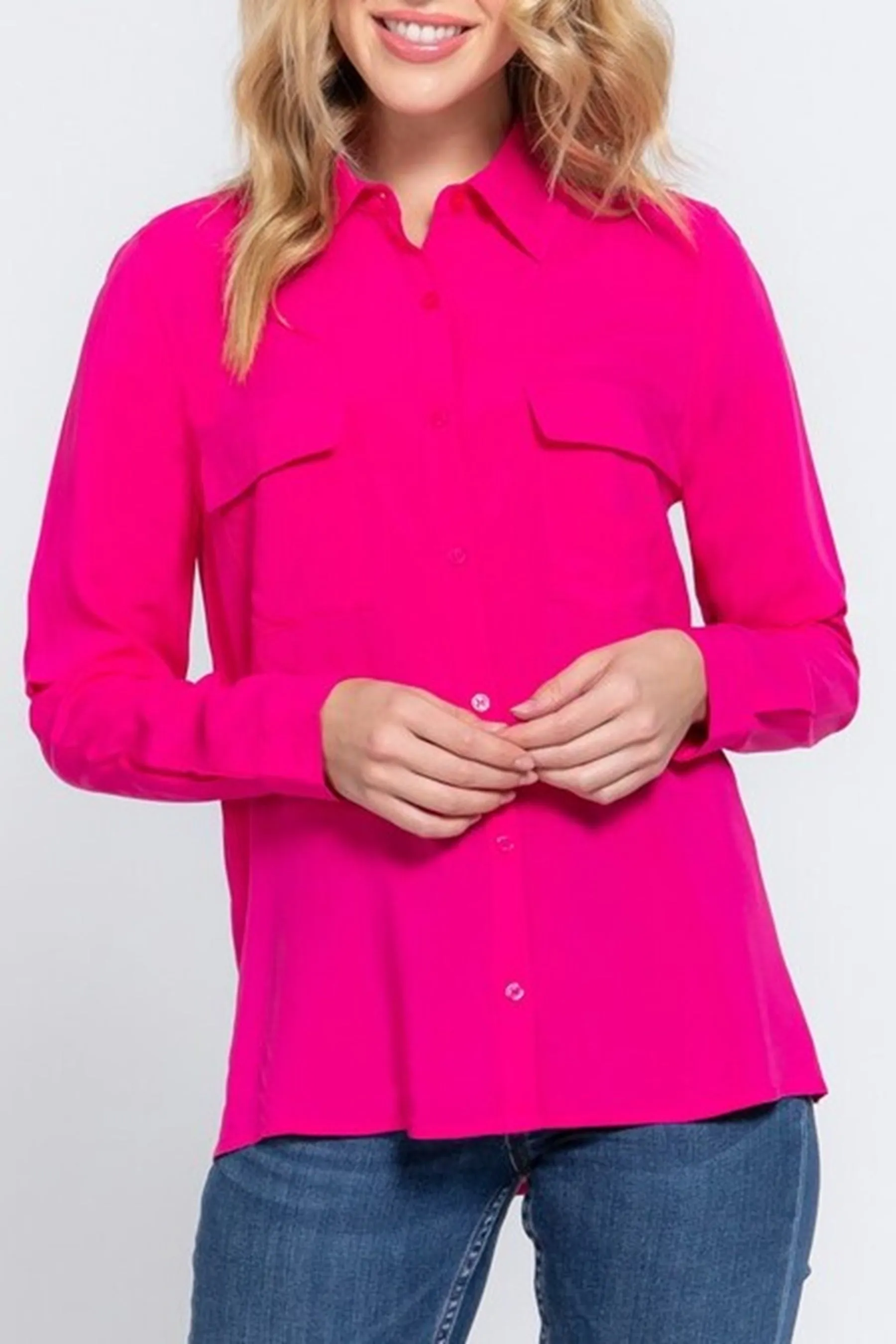 Women's Plus Casual Button Down Long Sleeve Front Pockets Shirt