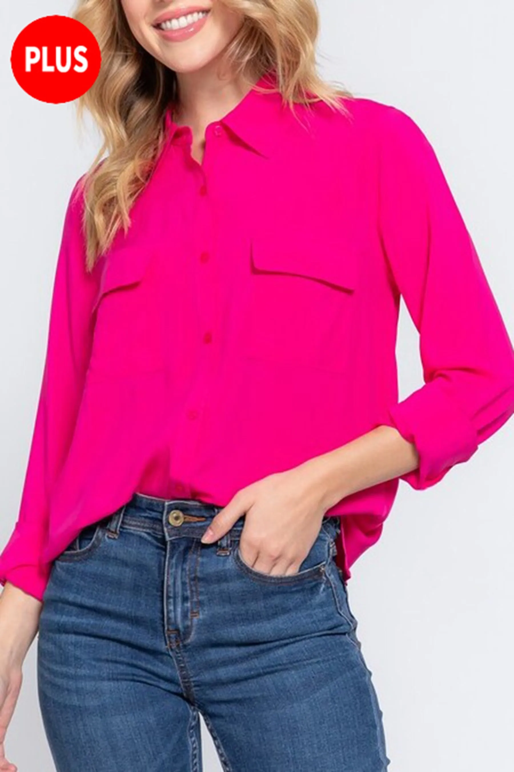 Women's Plus Casual Button Down Long Sleeve Front Pockets Shirt