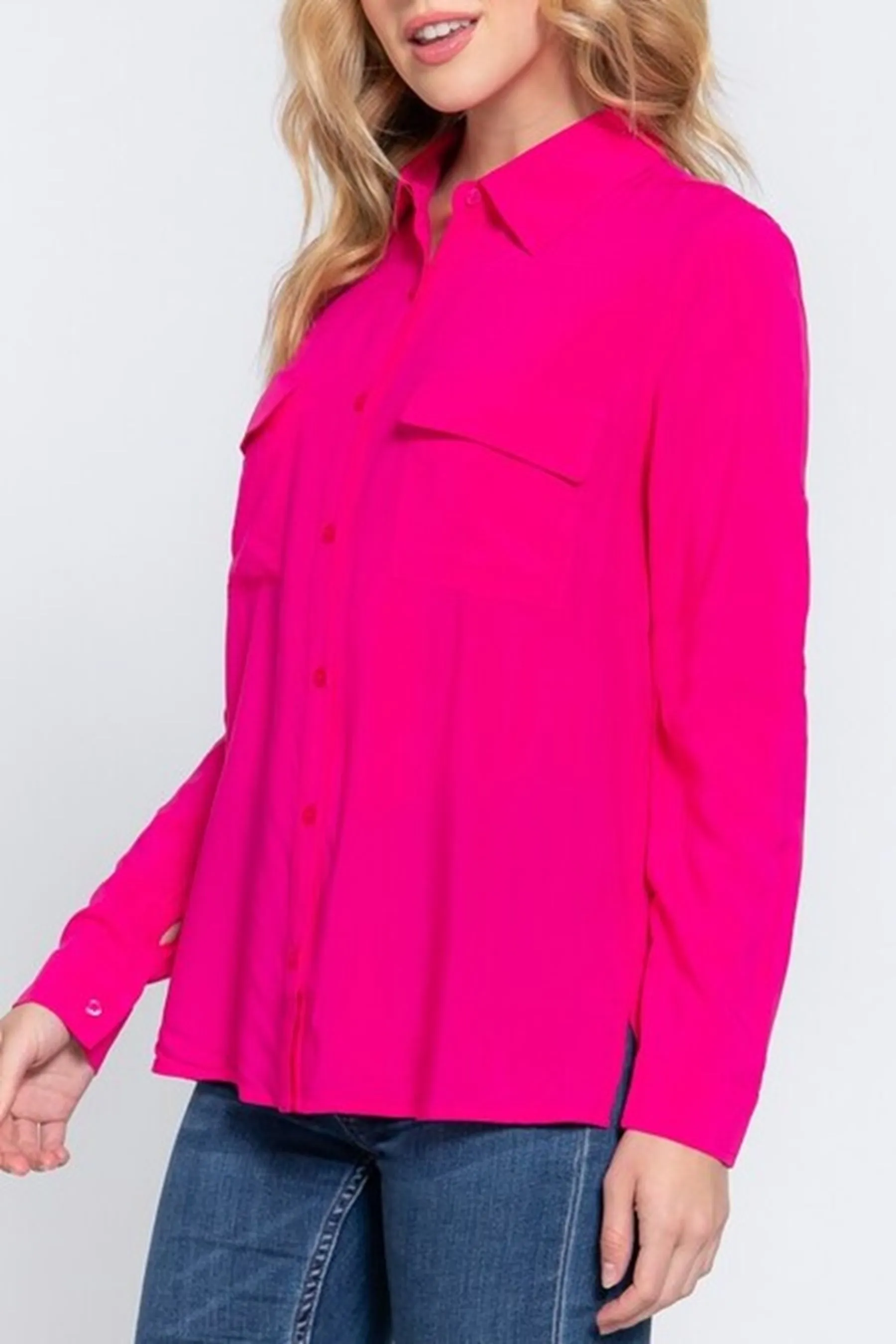 Women's Plus Casual Button Down Long Sleeve Front Pockets Shirt