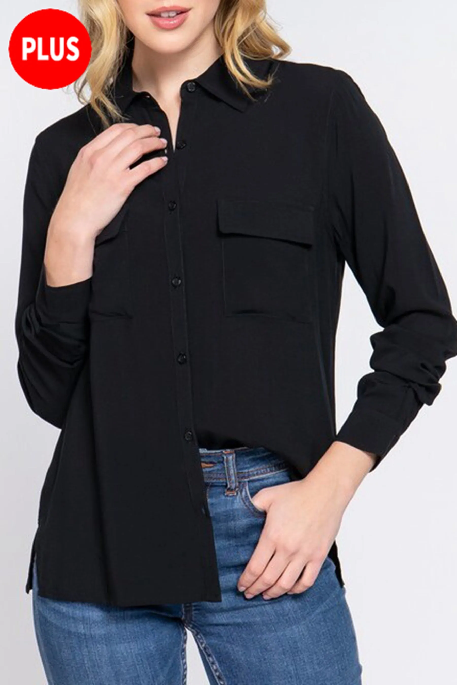 Women's Plus Casual Button Down Long Sleeve Front Pockets Shirt