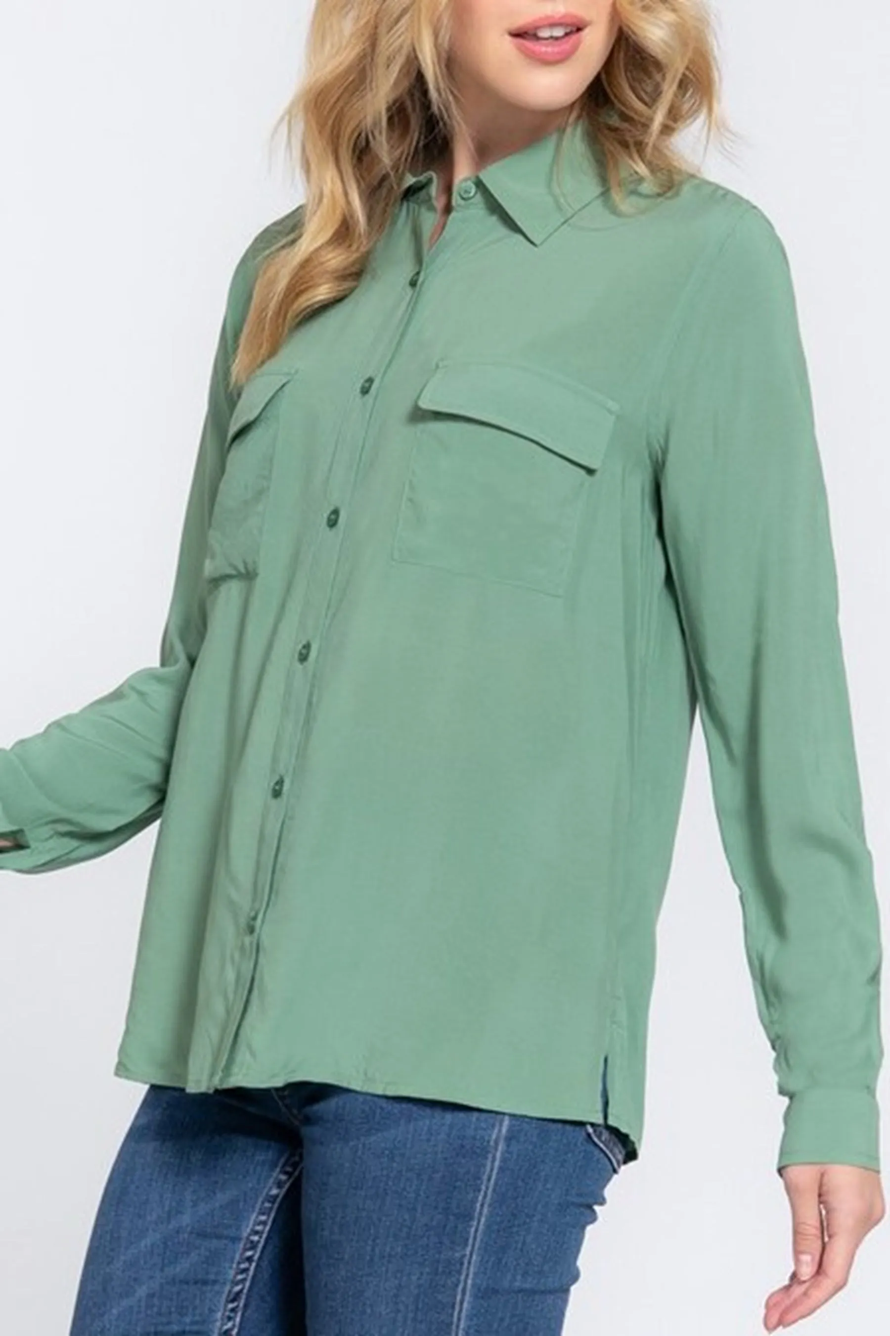 Women's Plus Casual Button Down Long Sleeve Front Pockets Shirt