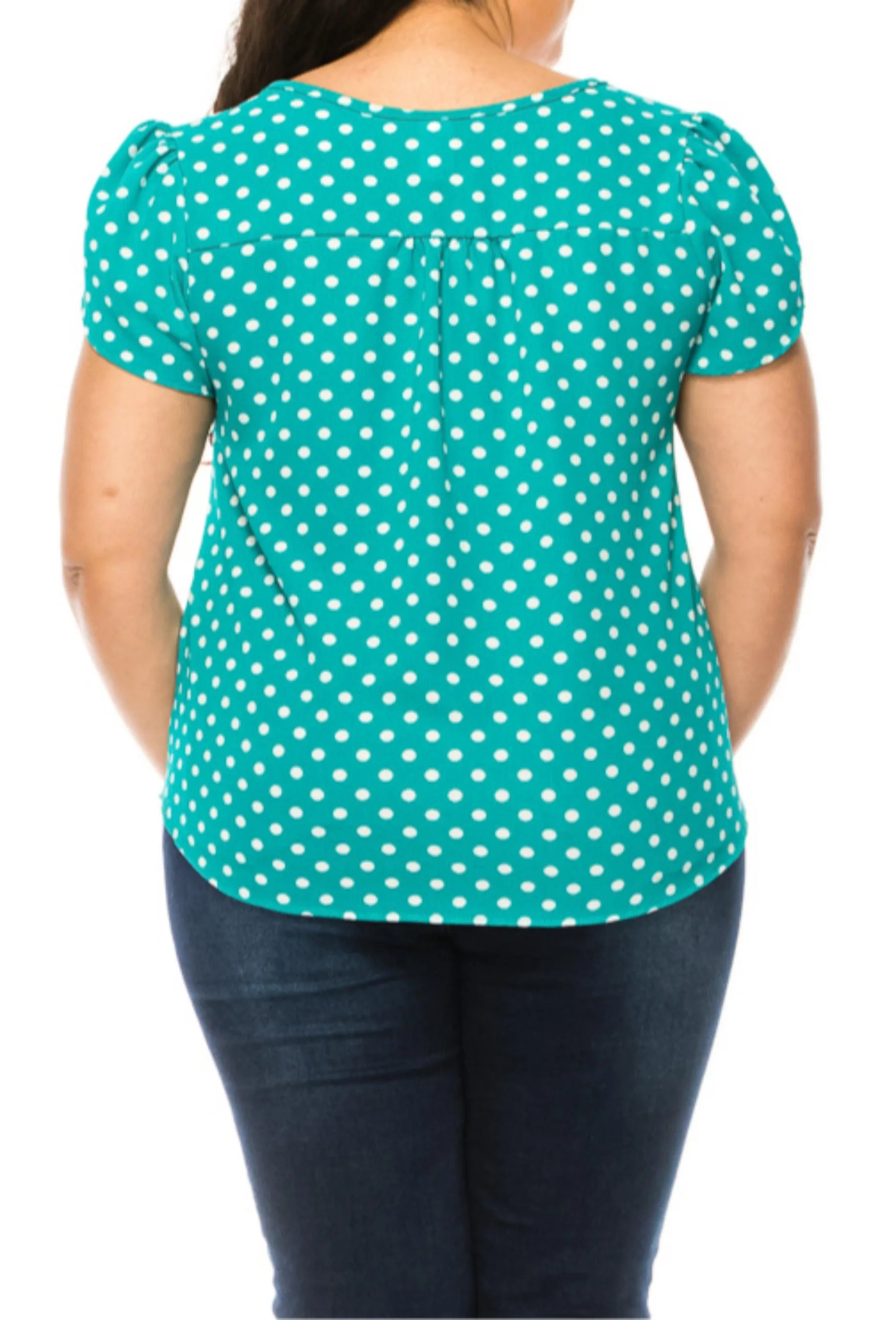 Women's Plus Size Polka Dot Overlapping Short Sleeve Ribbon Accent Top