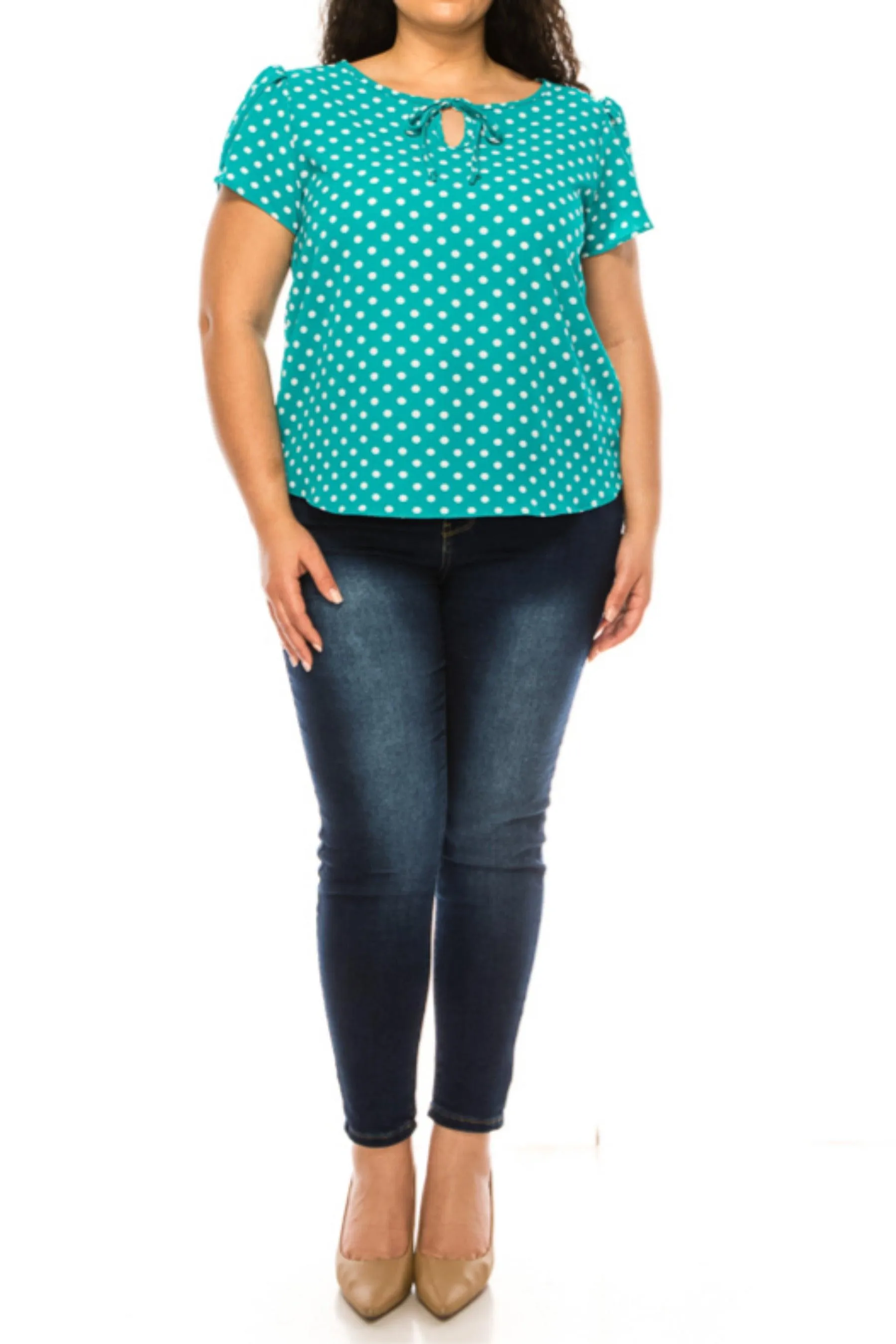 Women's Plus Size Polka Dot Overlapping Short Sleeve Ribbon Accent Top