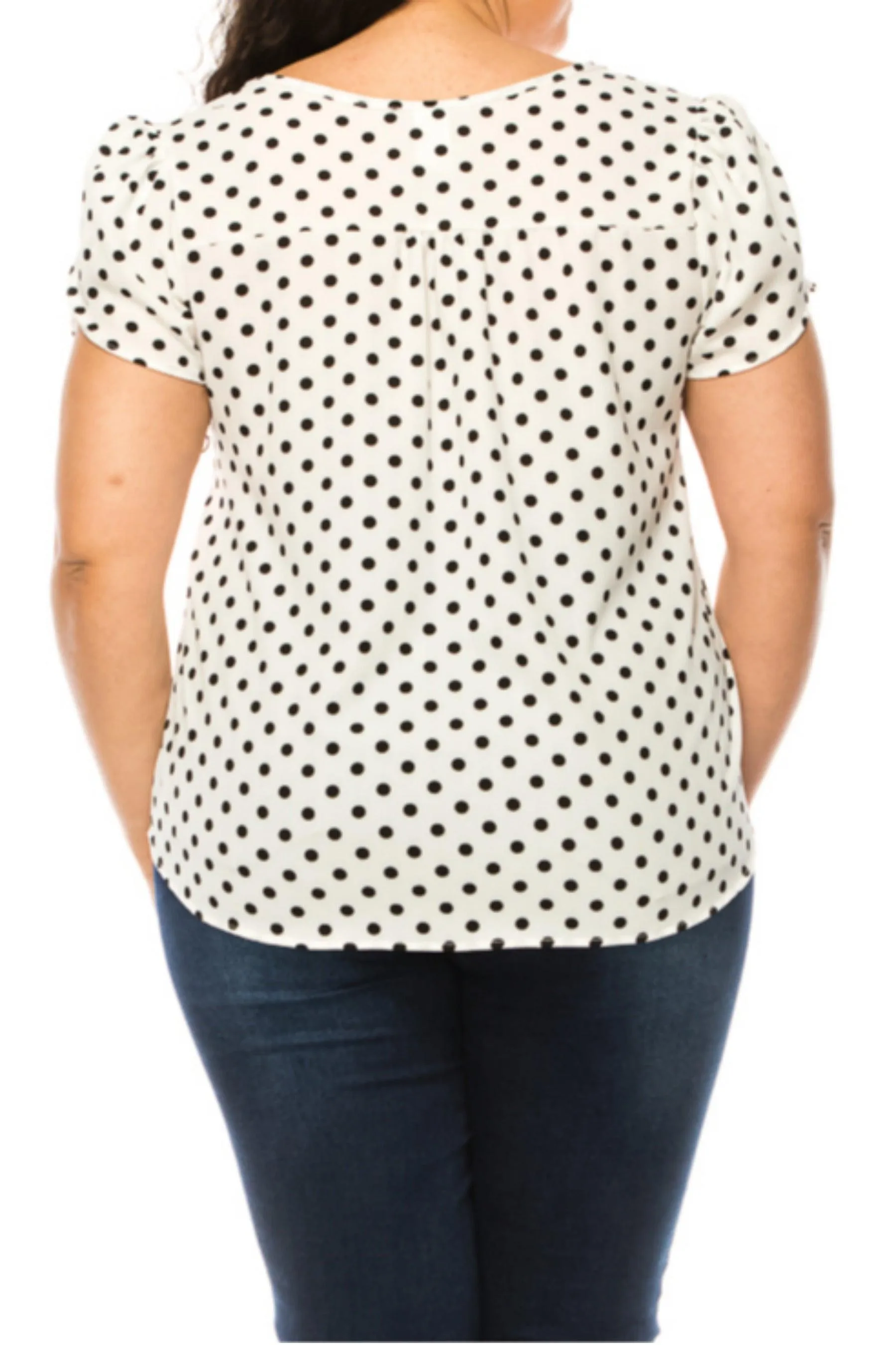 Women's Plus Size Polka Dot Overlapping Short Sleeve Ribbon Accent Top