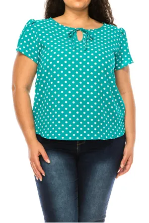 Women's Plus Size Polka Dot Overlapping Short Sleeve Ribbon Accent Top