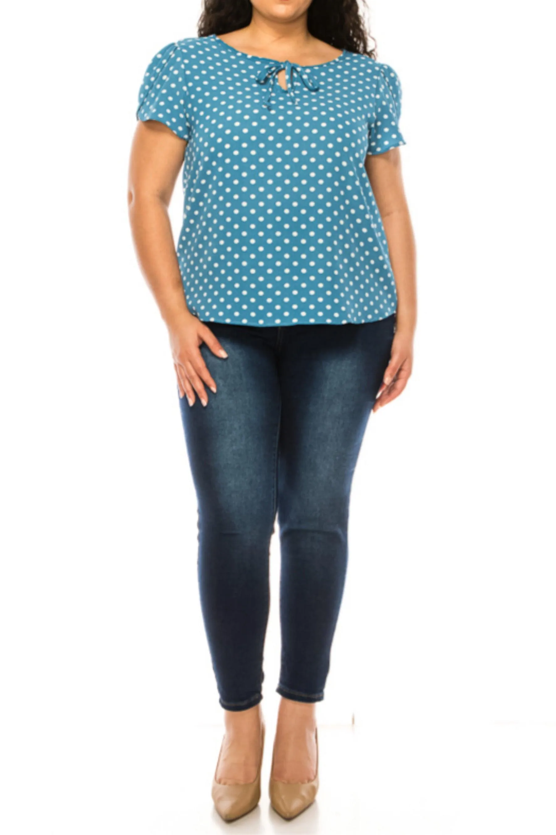 Women's Plus Size Polka Dot Overlapping Short Sleeve Ribbon Accent Top