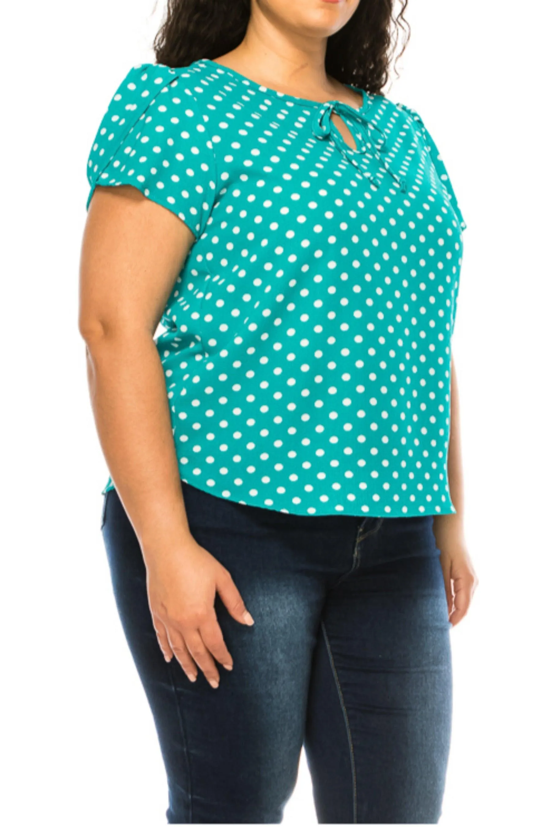 Women's Plus Size Polka Dot Overlapping Short Sleeve Ribbon Accent Top