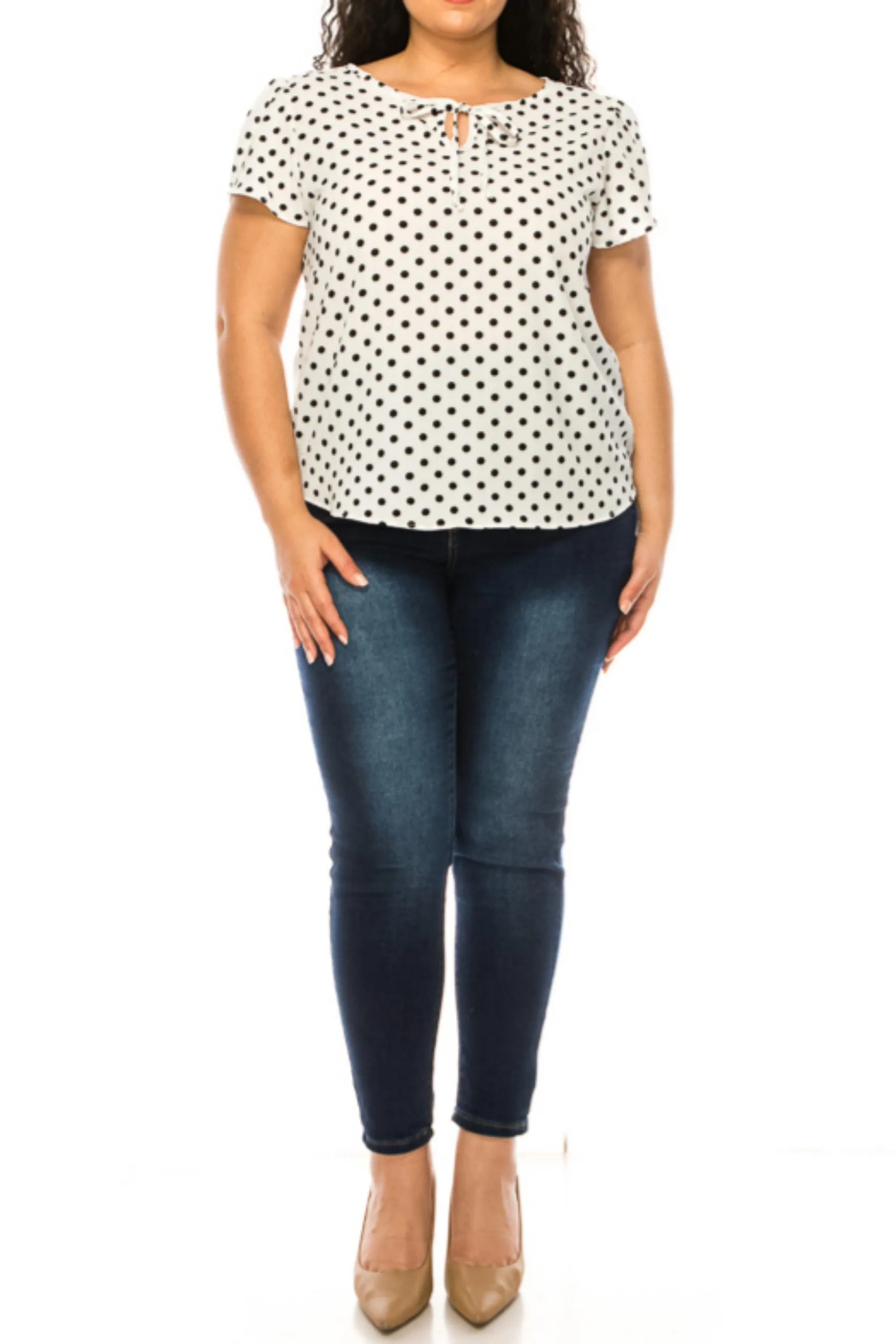 Women's Plus Size Polka Dot Overlapping Short Sleeve Ribbon Accent Top