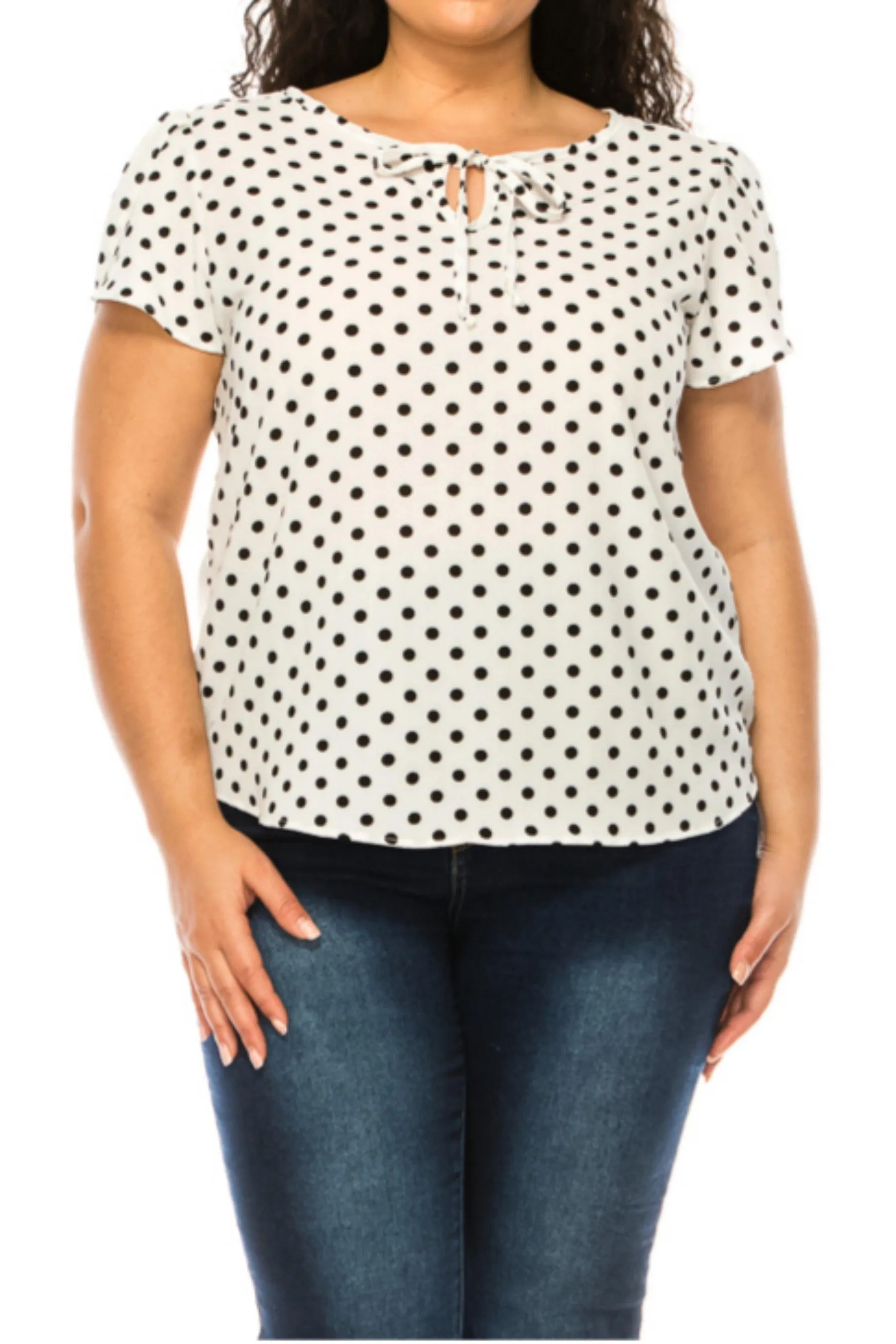 Women's Plus Size Polka Dot Overlapping Short Sleeve Ribbon Accent Top