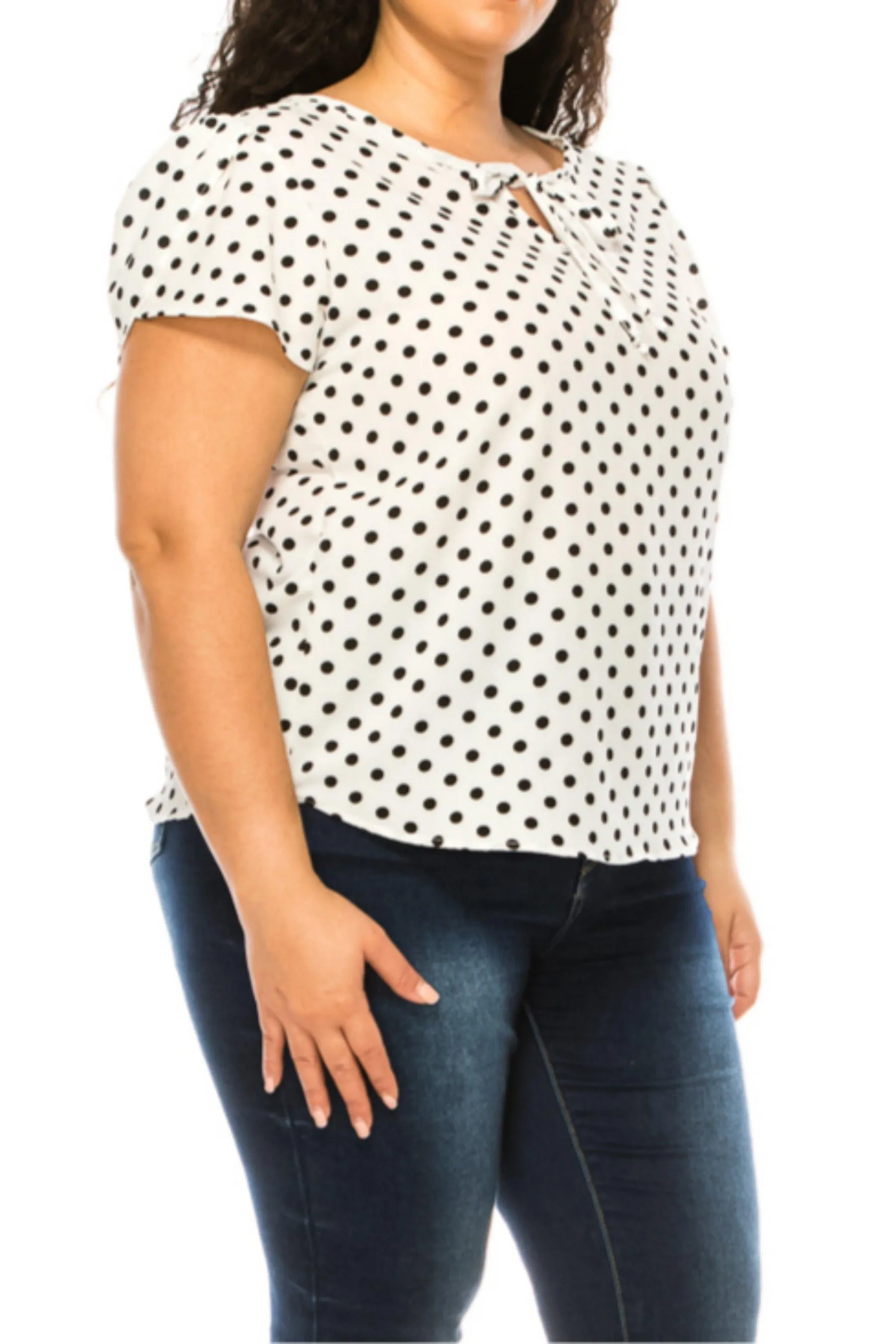 Women's Plus Size Polka Dot Overlapping Short Sleeve Ribbon Accent Top