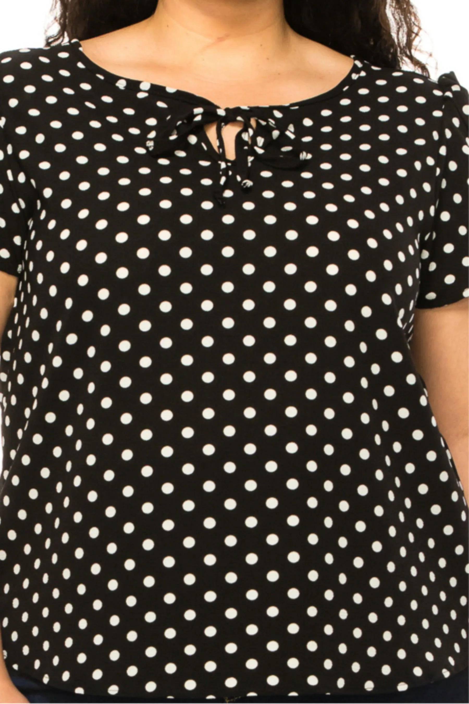 Women's Plus Size Polka Dot Overlapping Short Sleeve Ribbon Accent Top