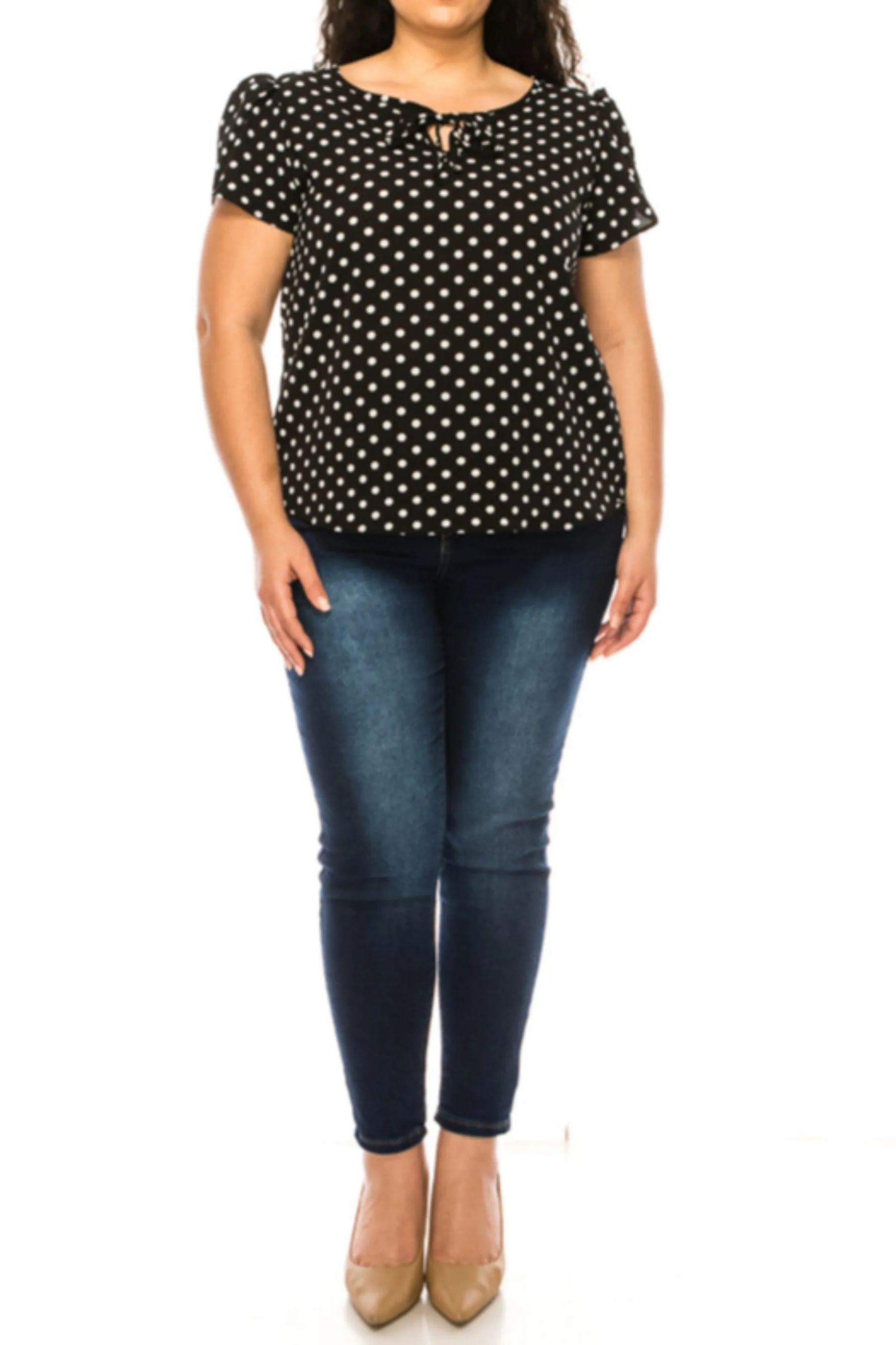 Women's Plus Size Polka Dot Overlapping Short Sleeve Ribbon Accent Top