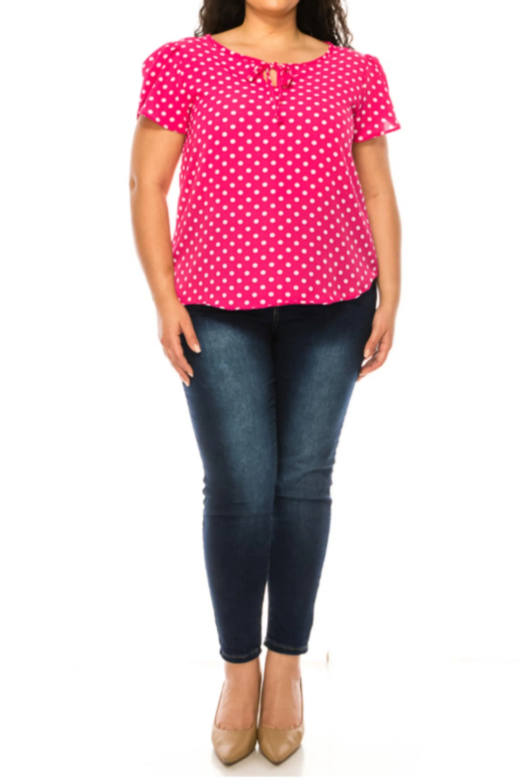 Women's Plus Size Polka Dot Overlapping Short Sleeve Ribbon Accent Top