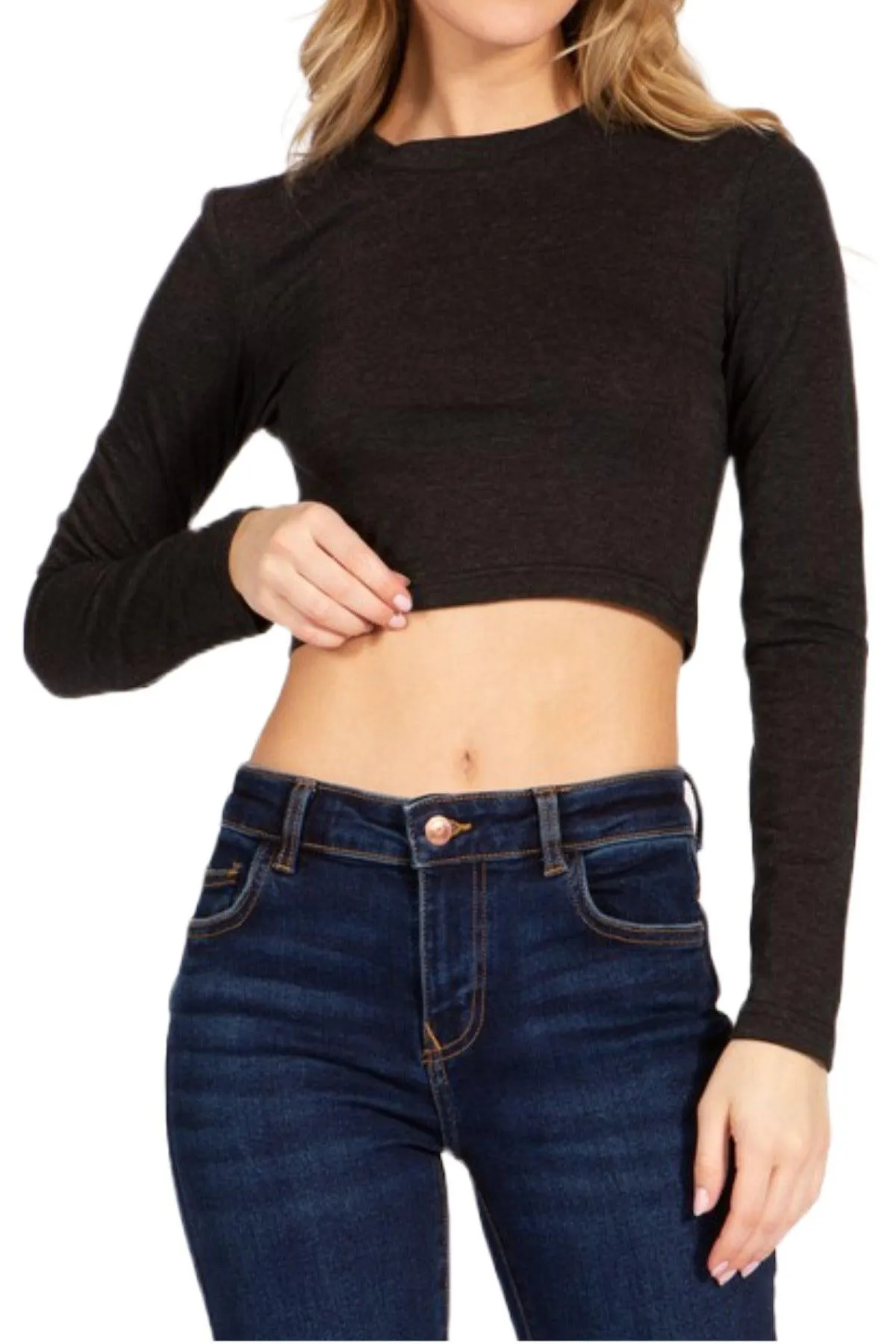 Women's Round Neck Long Sleeve Crop T-Shirt