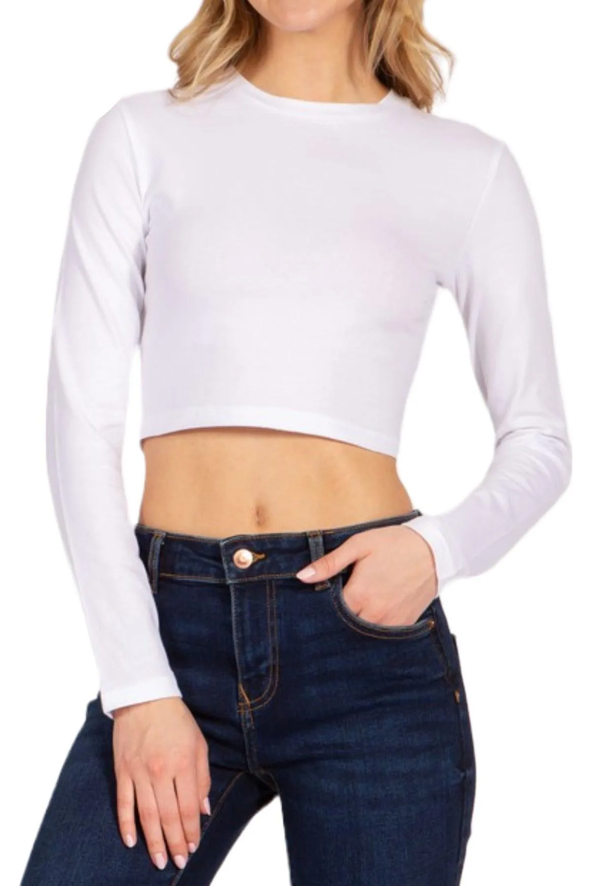 Women's Round Neck Long Sleeve Crop T-Shirt