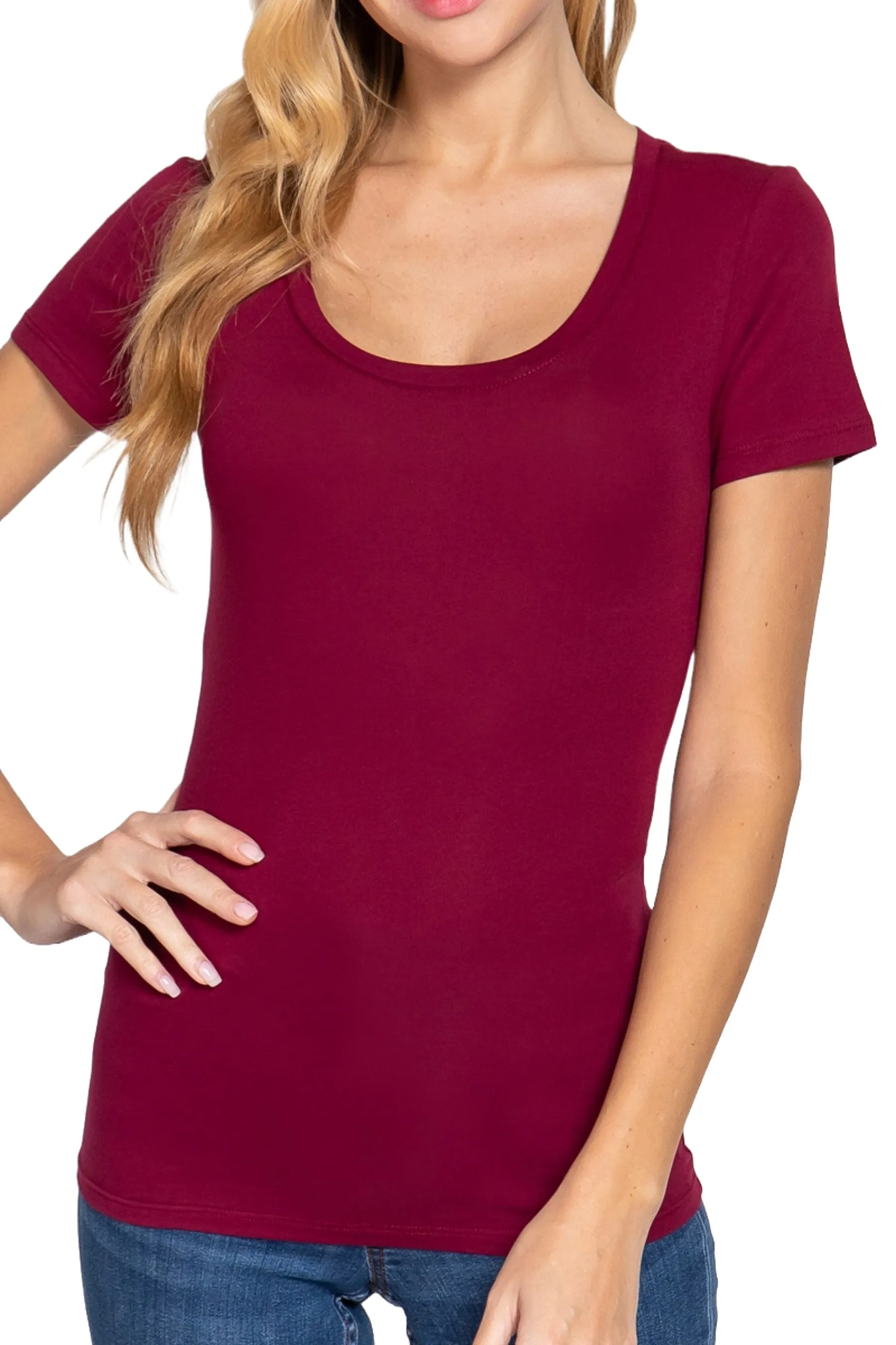 Women's Short Sleeve Scoop Neck Cotton Jersey Top - Soft and Stretchy 2-Pack