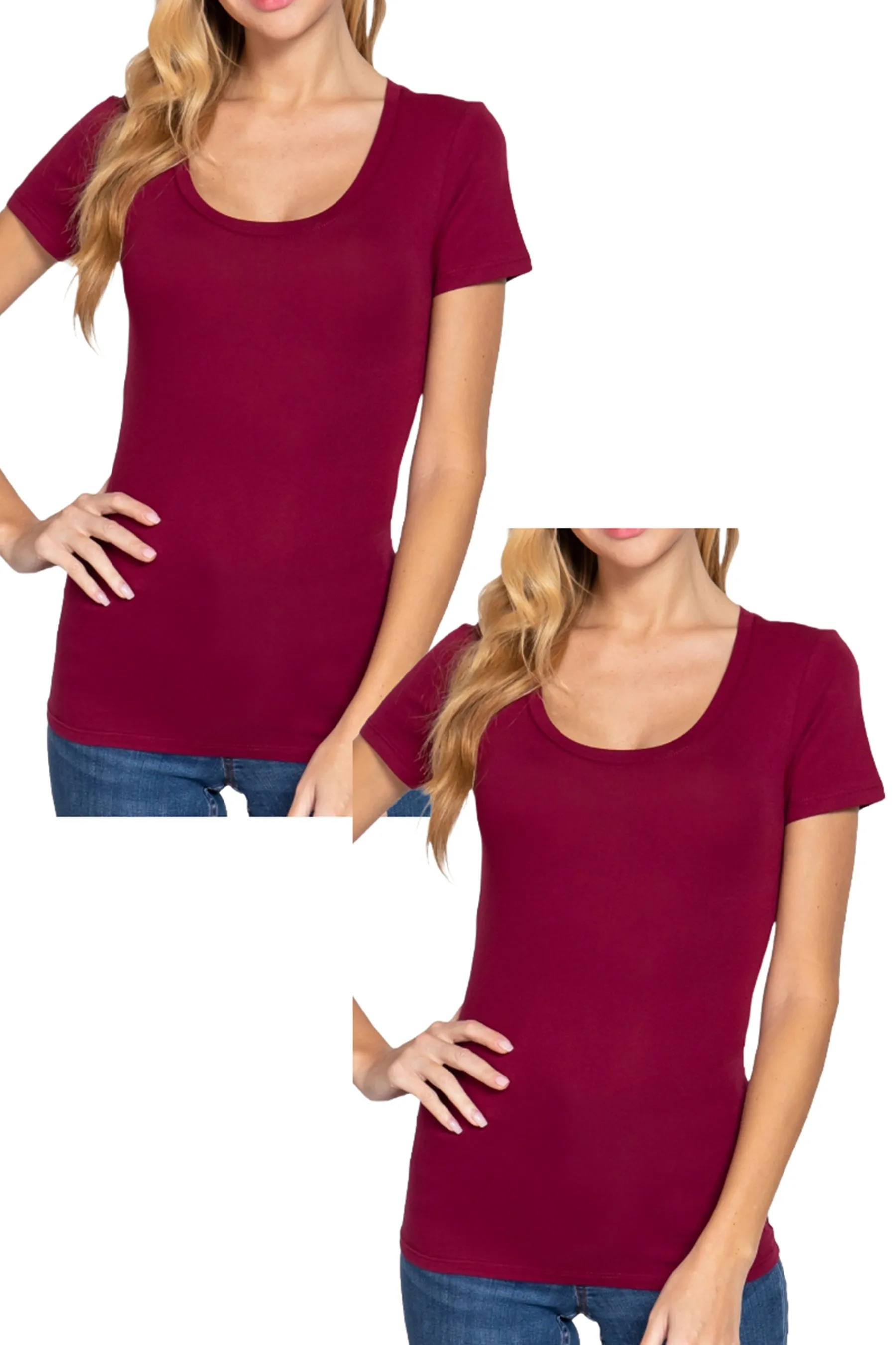 Women's Short Sleeve Scoop Neck Cotton Jersey Top - Soft and Stretchy 2-Pack