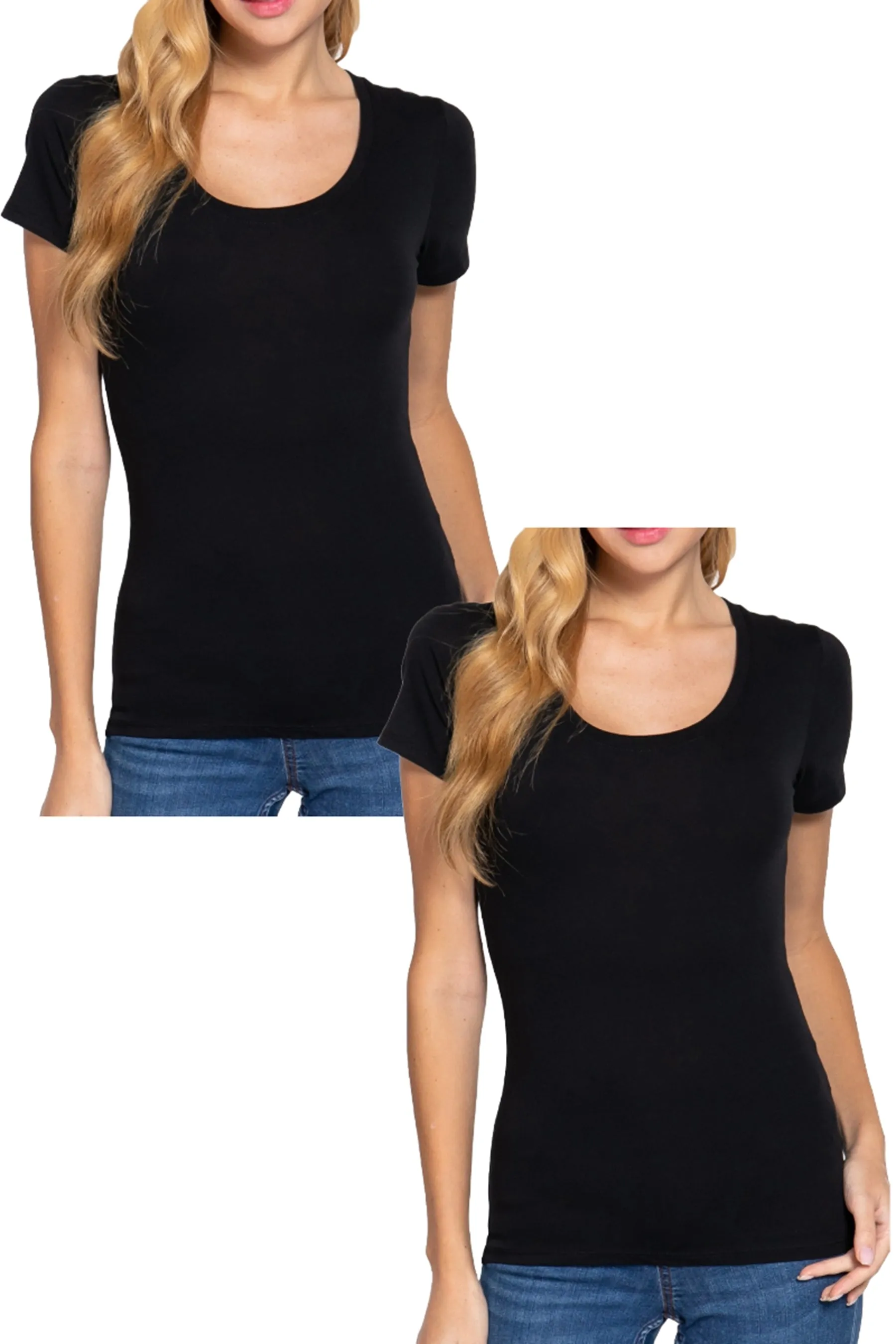 Women's Short Sleeve Scoop Neck Cotton Jersey Top - Soft and Stretchy 2-Pack