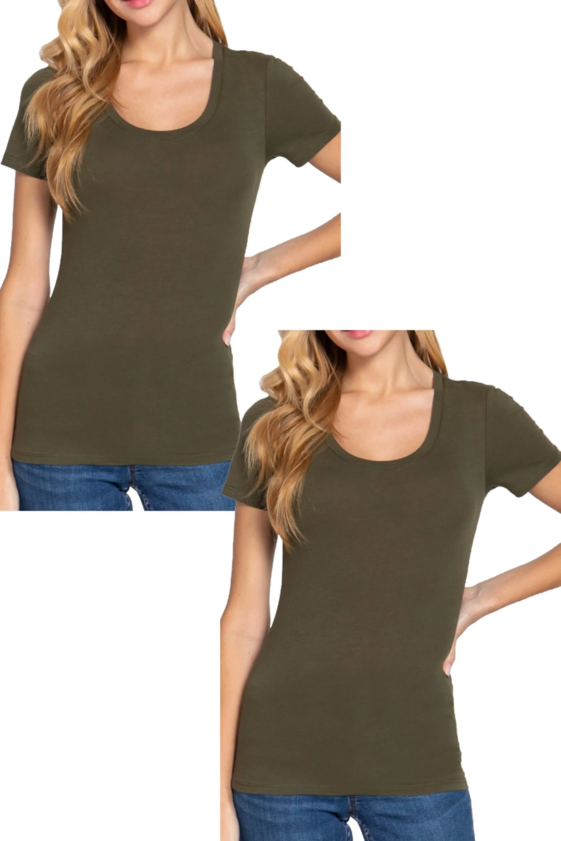 Women's Short Sleeve Scoop Neck Cotton Jersey Top - Soft and Stretchy 2-Pack