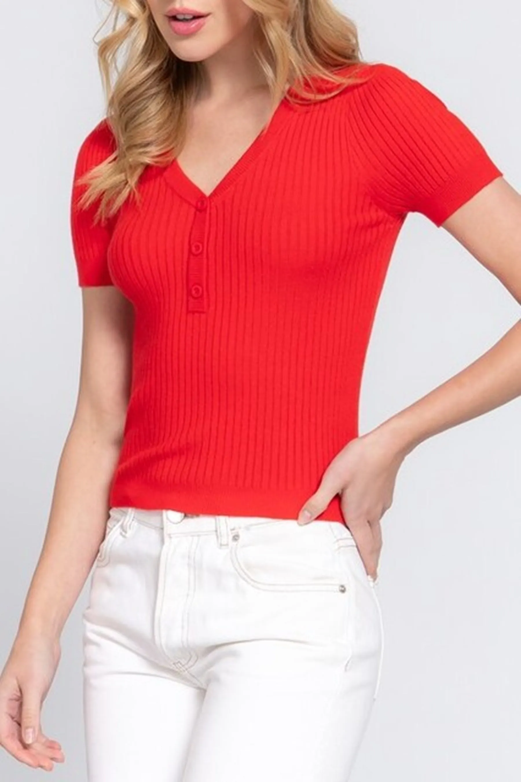 Women's Short Sleeve V Neck Henley Ribbed Knit Button T Shirts