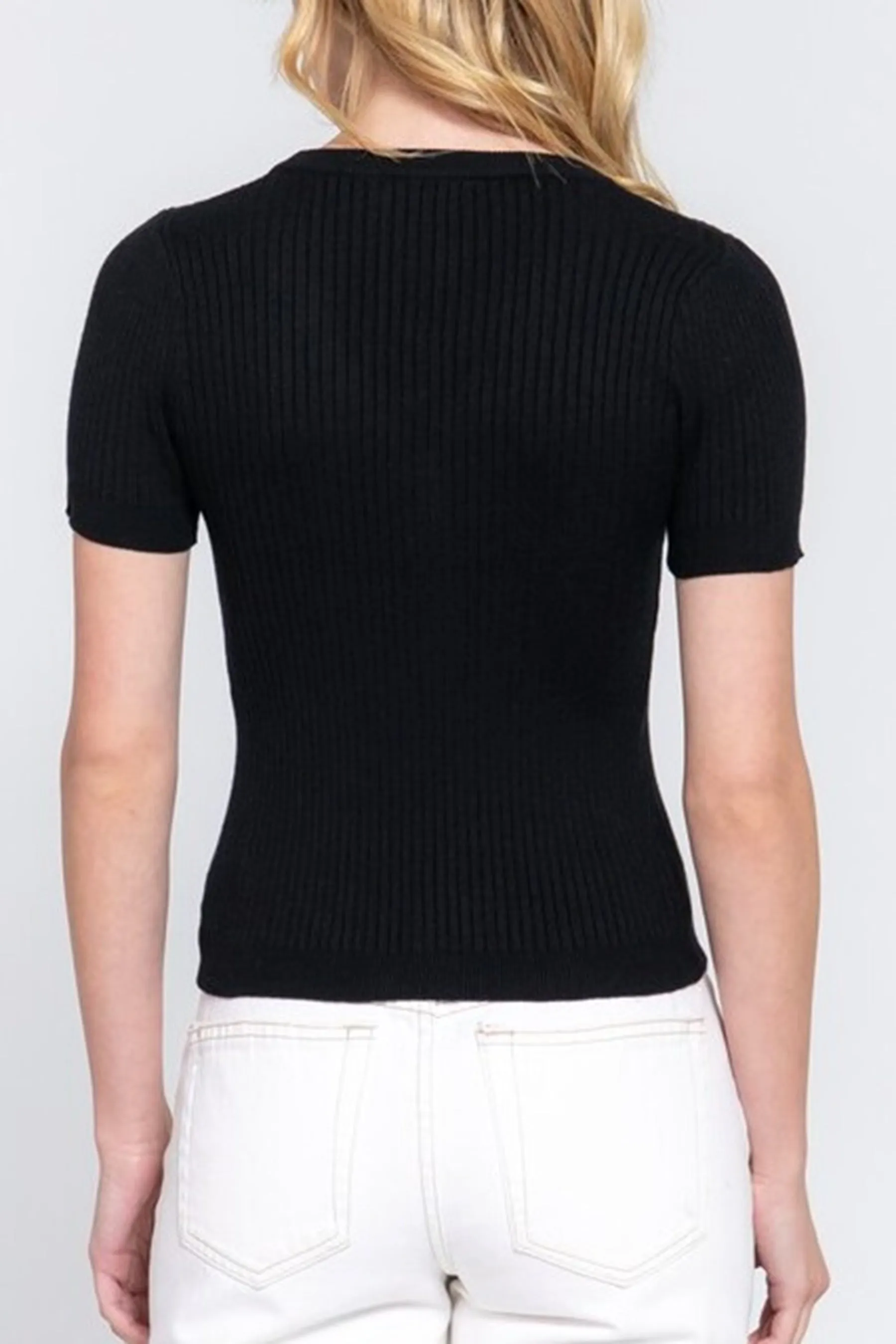 Women's Short Sleeve V Neck Henley Ribbed Knit Button T Shirts