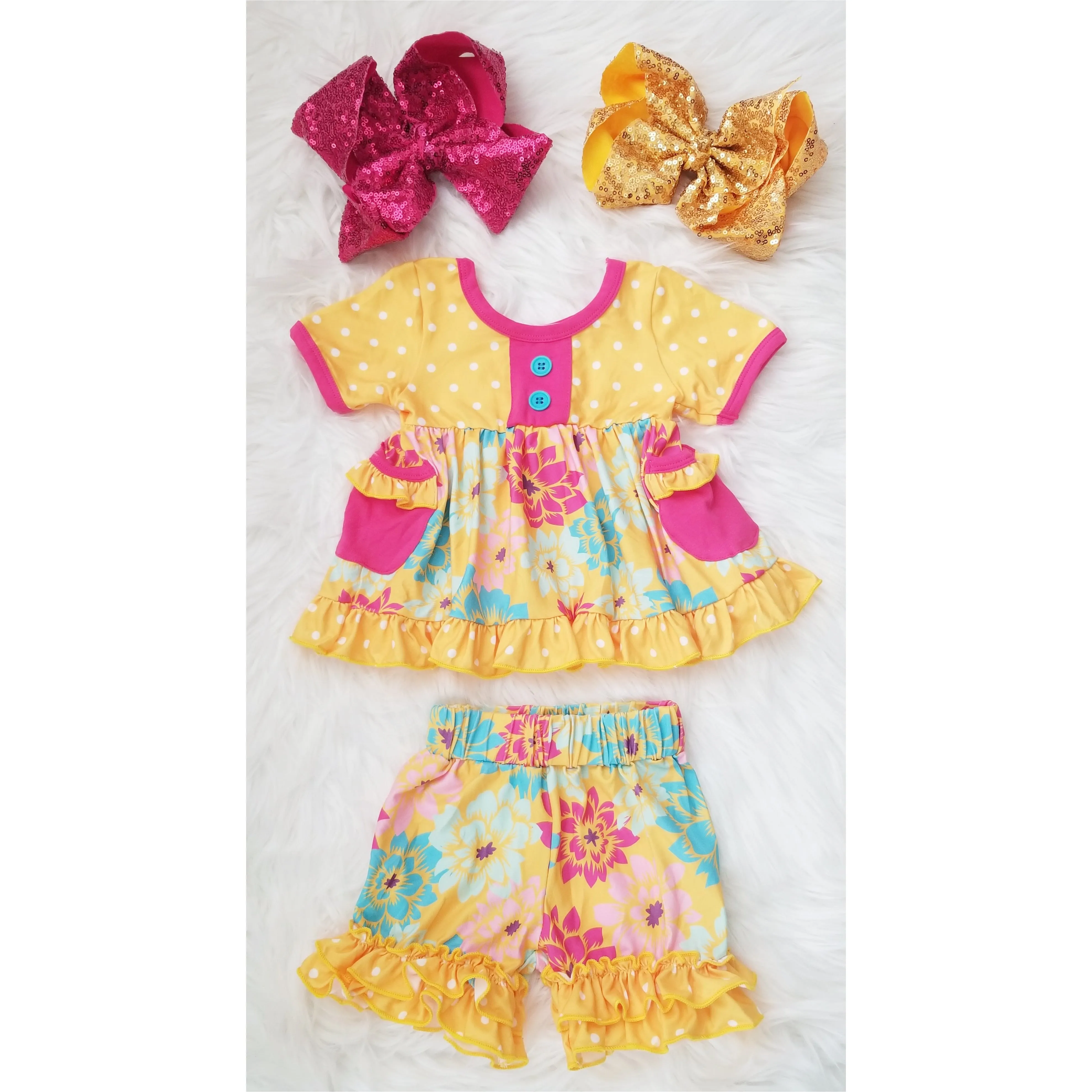 Yellow Flower & Polka Dot Short Sleeve Ruffles Set